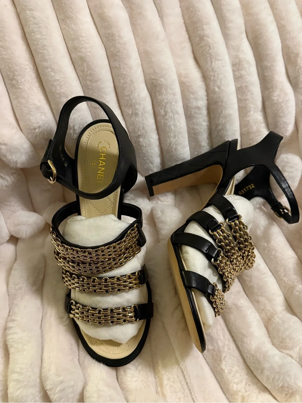 CHANEL Black Leather High-Heel Sandals with Gold Chain Straps